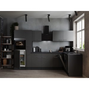 Moderne Respekta Winkelküche Oliver, 310 cm, Grau, mit E-Geräten und Arbeitsplatte in Granit Optik.
