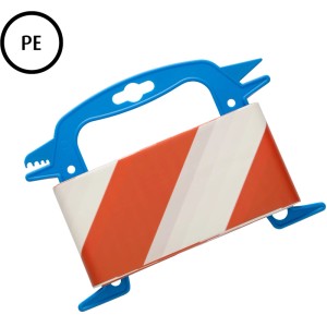 Conacord Absperrband, rot-weiß, 25 m, mit blauer Halterung.