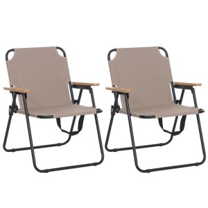 Zwei klappbare Campingstühle in Creme mit schwarzem Metallgestell und Bambus-Armlehnen. Perfekt für Camping & Garten.