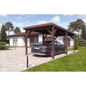 Graubrauner Holzbrüder Einzelcarport Ralf mit Blechdach in Dunkelbraun und Auto.