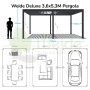 Anthrazit Aluminium Pavillon 3,6x5,3m mit verstellbarem Lamellendach. Diagramm zeigt Maße und Nutzung als Terrassenüberdachung.