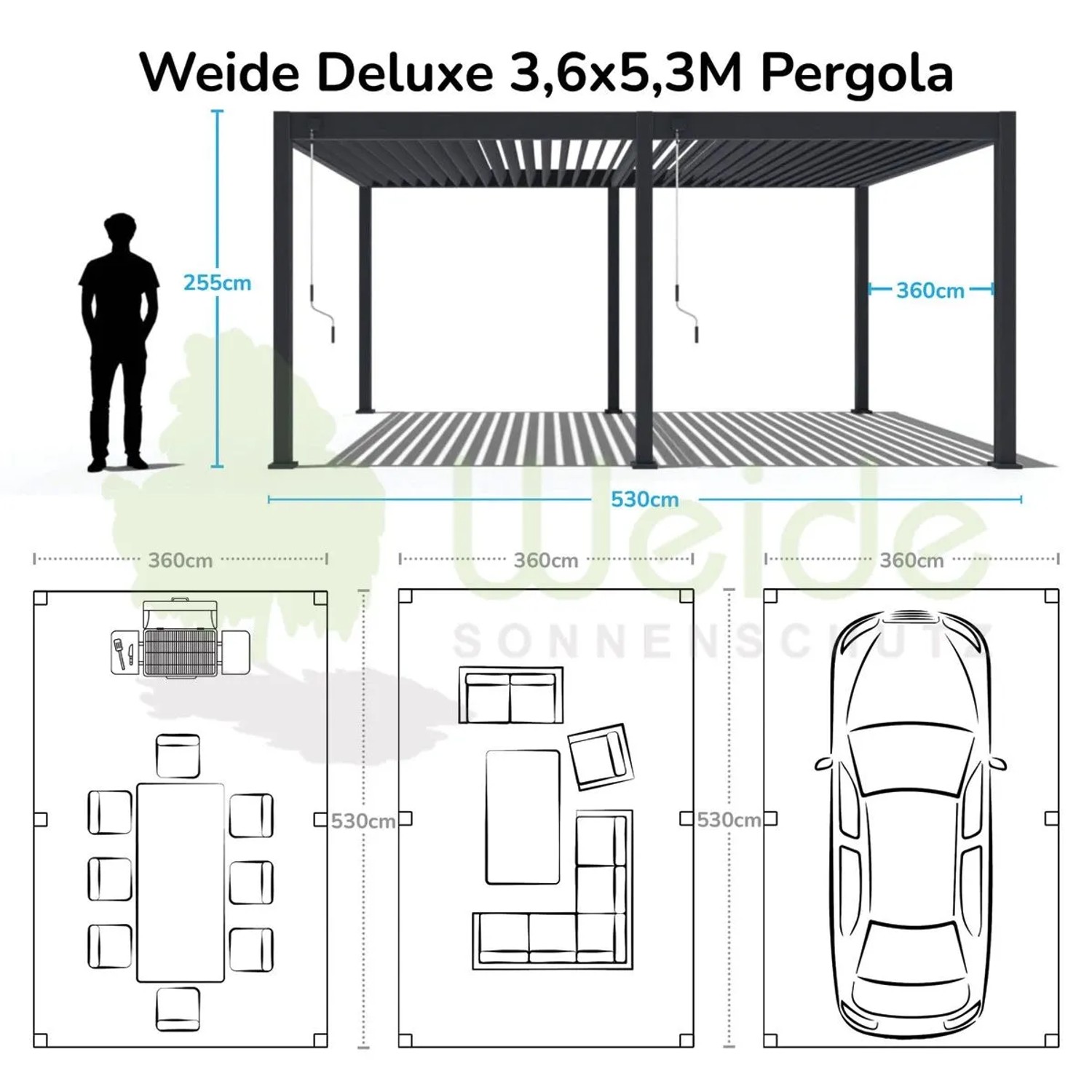 Anthrazit Aluminium Pavillon 3,6x5,3m mit verstellbarem Lamellendach. Diagramm zeigt Maße und Nutzung als Terrassenüberdachung.