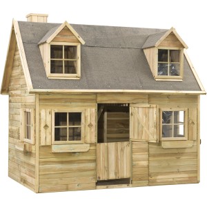 SwingKing Spielhaus Milan aus FSC-Holz mit Fenstern, Tür und Schornstein.