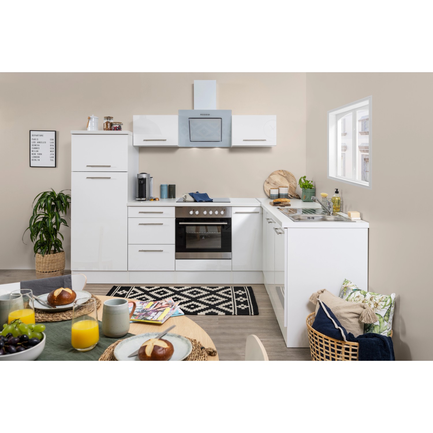 Respekta Premium Winkelküche, 260x200 cm, weiße Hochglanzfronten, inklusive E-Geräte.