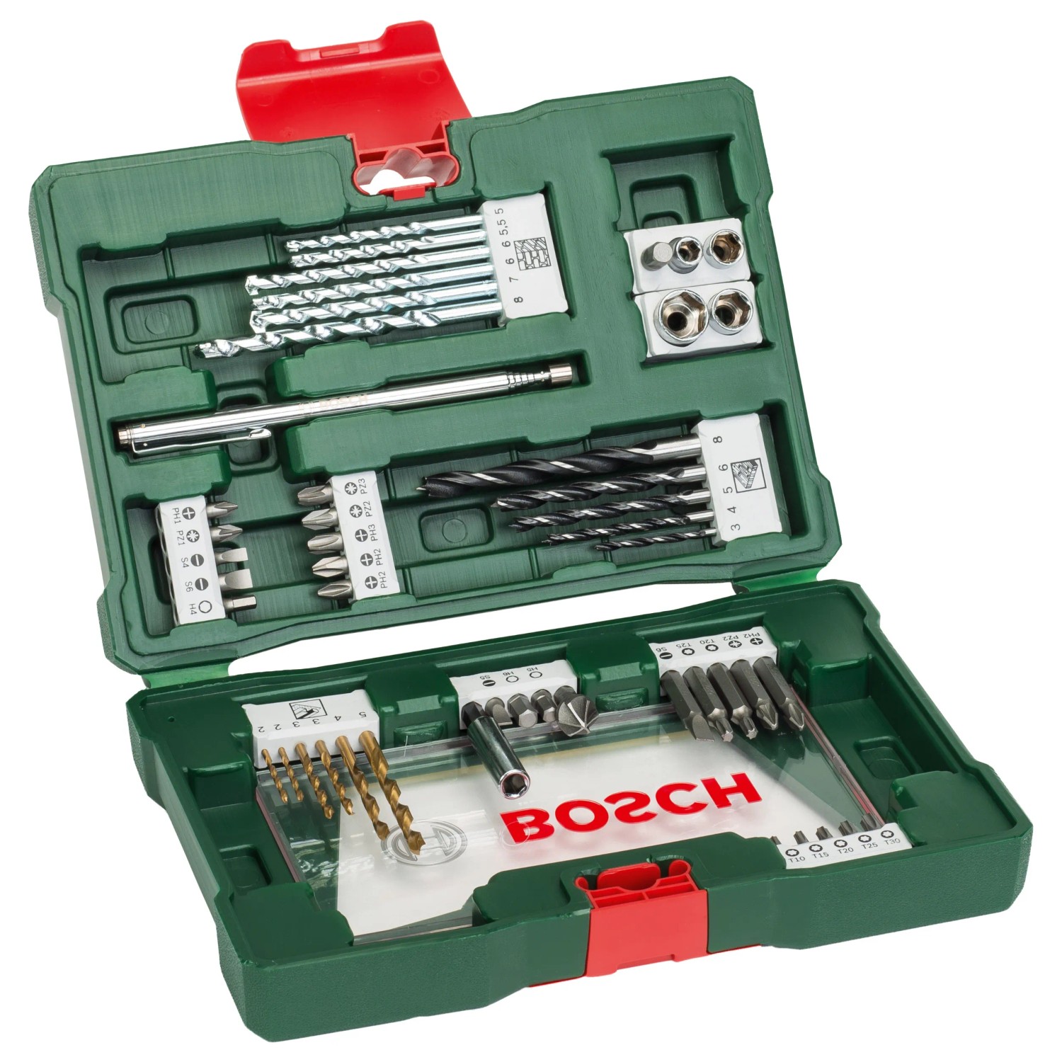 Bosch V-Line Bohrer- und Bit-Set, 48-teilig im grünen Koffer mit Magnetstab.