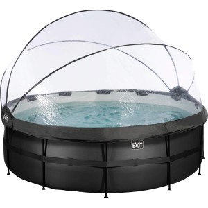 Schwarzer Exit Pool mit Lederoptik, Abdeckung und Sandfilterpumpe. Stahlrahmenpool, ø 427 x 122 cm.