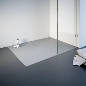Rechteckige, graue Schulte Duschwanne ExpressPlus aus Mineralguss, 120x90 cm, mit Ablauf und leichter Struktur.