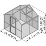 Anthrazitgraues KGT Gewächshaus Iris II (2,33x2,17m) mit Dachfenster und Tür, Maße eingezeichnet.