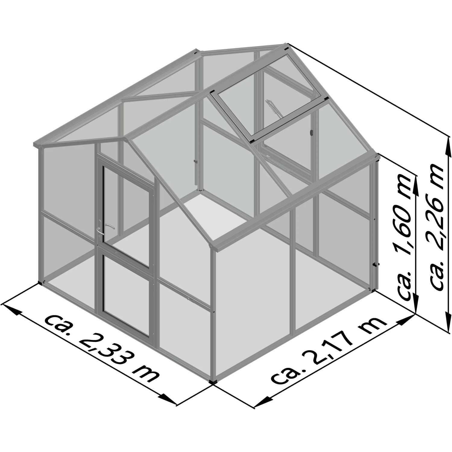 Anthrazitgraues KGT Gewächshaus Iris II (2,33x2,17m) mit Dachfenster und Tür, Maße eingezeichnet.