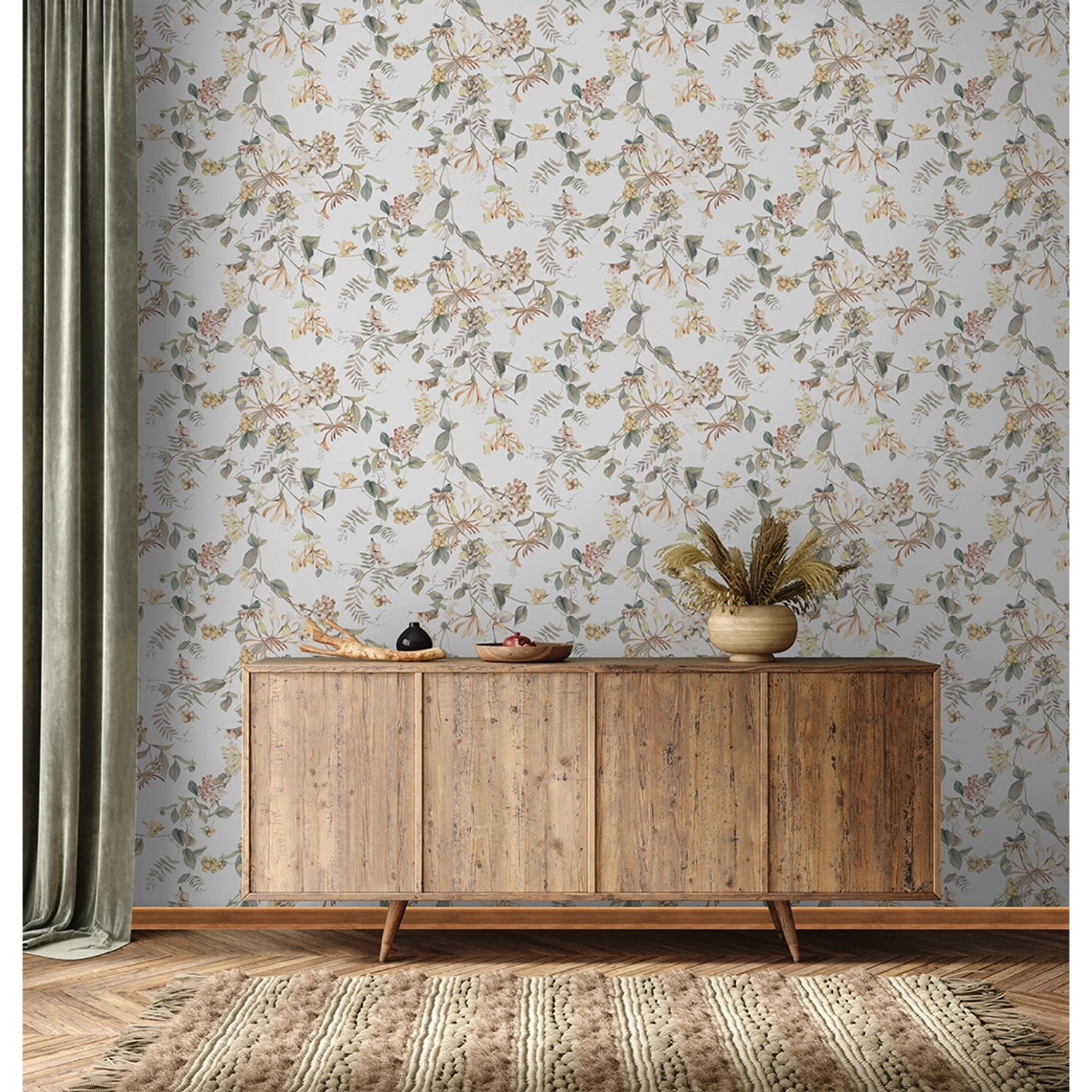 Marburg Vliestapete Floral Natur Weiß-Beige an Wand über Holzkommode.