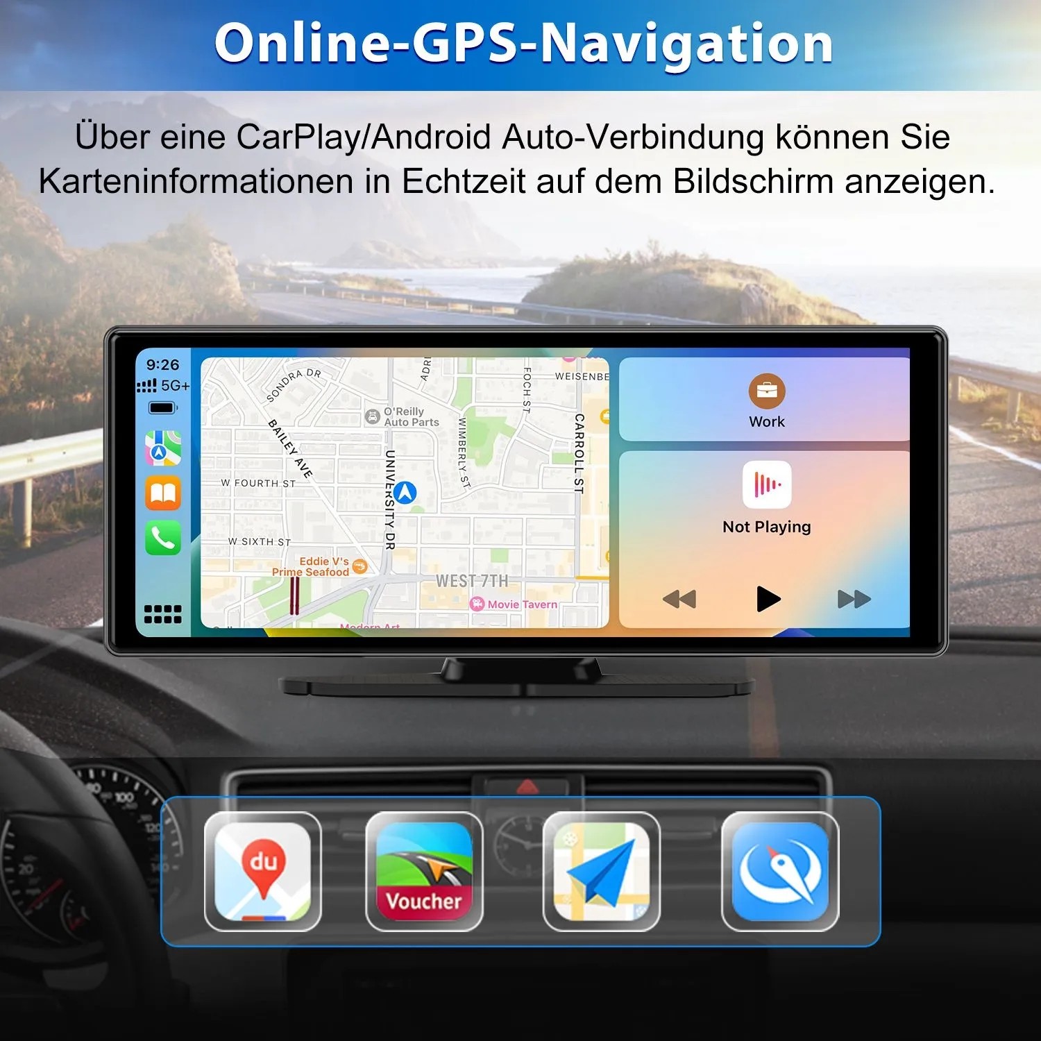 JUNSUN 10 Zoll Portable Autoradio mit CarPlay/Android Auto Touchscreen zeigt Navigation und Musik.