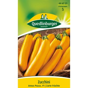 Samenpackung Quedlinburger Zucchini Gelb 'Atena Polka' mit gelben Zucchini.