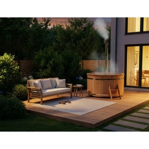 Finntherm Holz-Badefass Bergen mit Ofen und Leiter auf Holzterrasse im Garten.