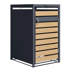 Axi Mülltonnenbox Lucas, anthrazitfarbenes Metall mit Holzoptik für eine 240 l Tonne.