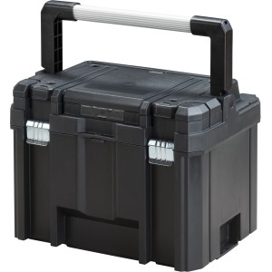 Schwarze Stanley FatMax Tstak Werkzeugbox mit Tragegriff und Organizer im Deckel.