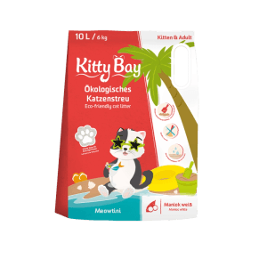 Verpackung Kitty Bay Katzenstreu Meowtini, Maniokstreu, weiße Streu mit Katzenmotiv.