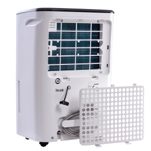 Comfee Luftentfeuchter MDDF-20DEN7, weiße Rückseite mit Wasserablauf und Filter.