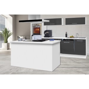 Respekta Premium Inselküche, 280 cm, Grau Hochglanz/Weiß, mit Kochinsel, Elektrogeräten und viel Stauraum.
