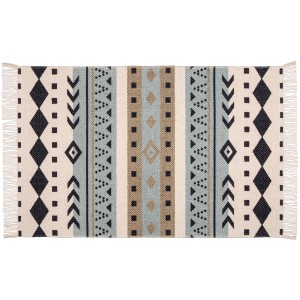 Wenko Badematte Bere aus recycelter Baumwolle mit Ethno-Muster in Beige, Blau und Schwarz.