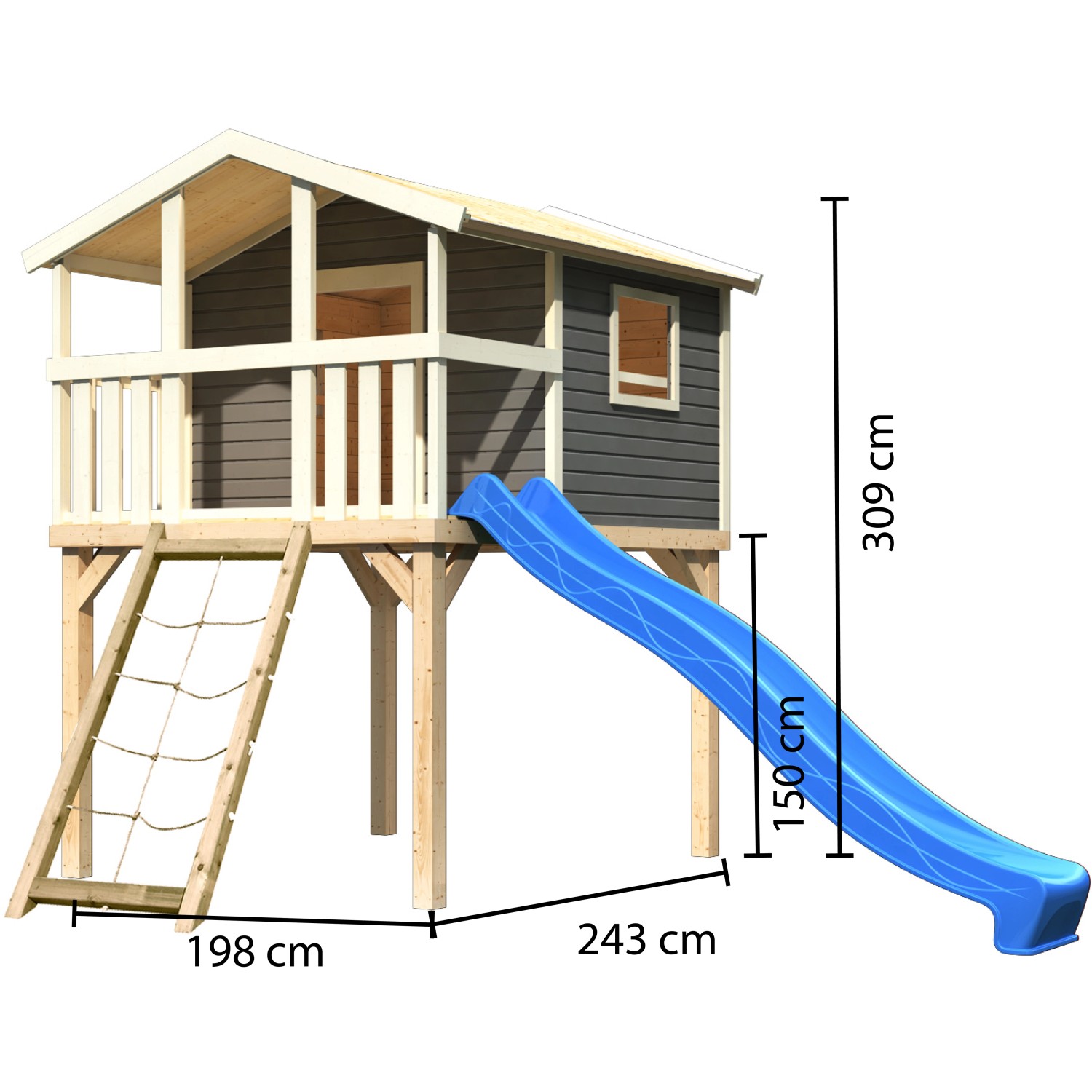 Karibu Stelzenhaus Benjamin in Terragrau mit blauer Rutsche, Leiter und Netzrampe.