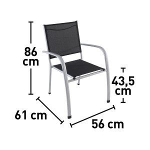 Stapelbarer Gartenstuhl Suriname mit Textilen-Bespannung und Stahlgestell, Maße sind im Bild dargestellt.