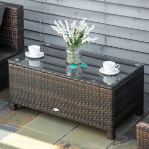Outsunny Beistelltisch Metall PE-Rattan Gehärtetes Glas Braun 85L x 50B x 39H cm