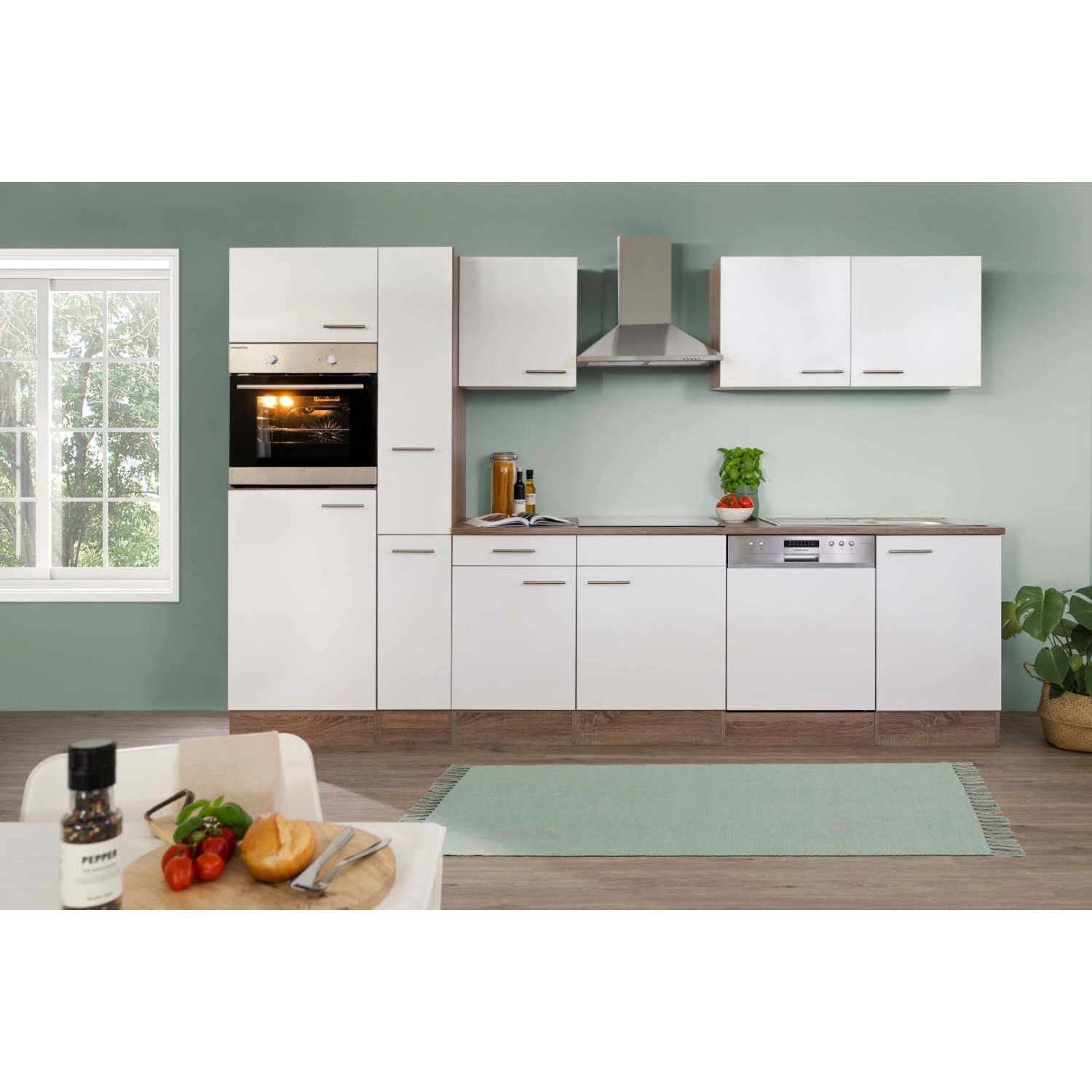 Respekta Küchenzeile 310 cm in Weiß Seidenglanz und Eiche York Dekor, ohne Elektrogeräte.