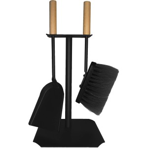 Schwarzes Kaminbesteck mit Holzgriffen, 2-teilig: Schaufel und Besen für Kamin & Ofen.