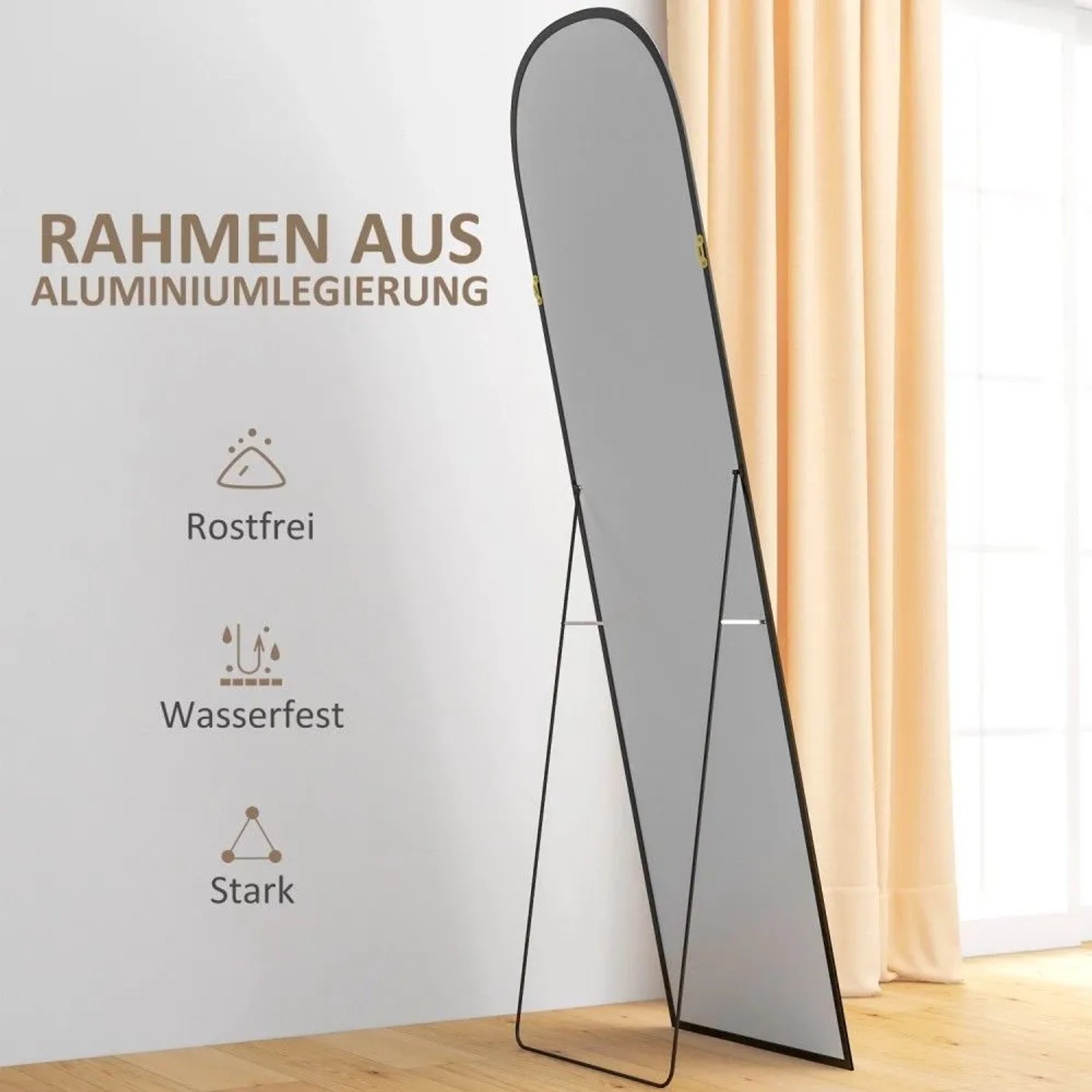 HOMCOM Ganzkörperspiegel, schwarz, Bogenform, Aluminiumrahmen, freistehend auf Holzfußboden. Modernes Design.