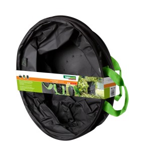 Offener, schwarzer PopUp Bag Long-Life Gartensack (170 l) mit grünen Tragegriffen.