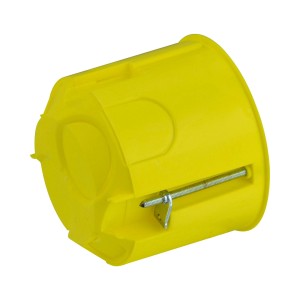 Orangefarbene Hohlwanddose, 68 mm Durchmesser, 60 mm tief, für Schalter und Steckdosen.