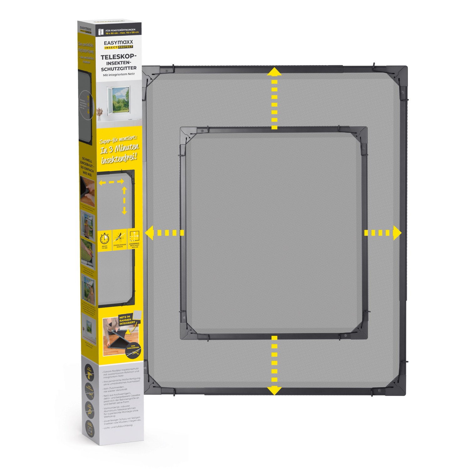 Easymaxx Moskitonetz Magic Fit, anthrazit, für Fenster. Teleskop-Insektenschutzgitter mit Verpackung.