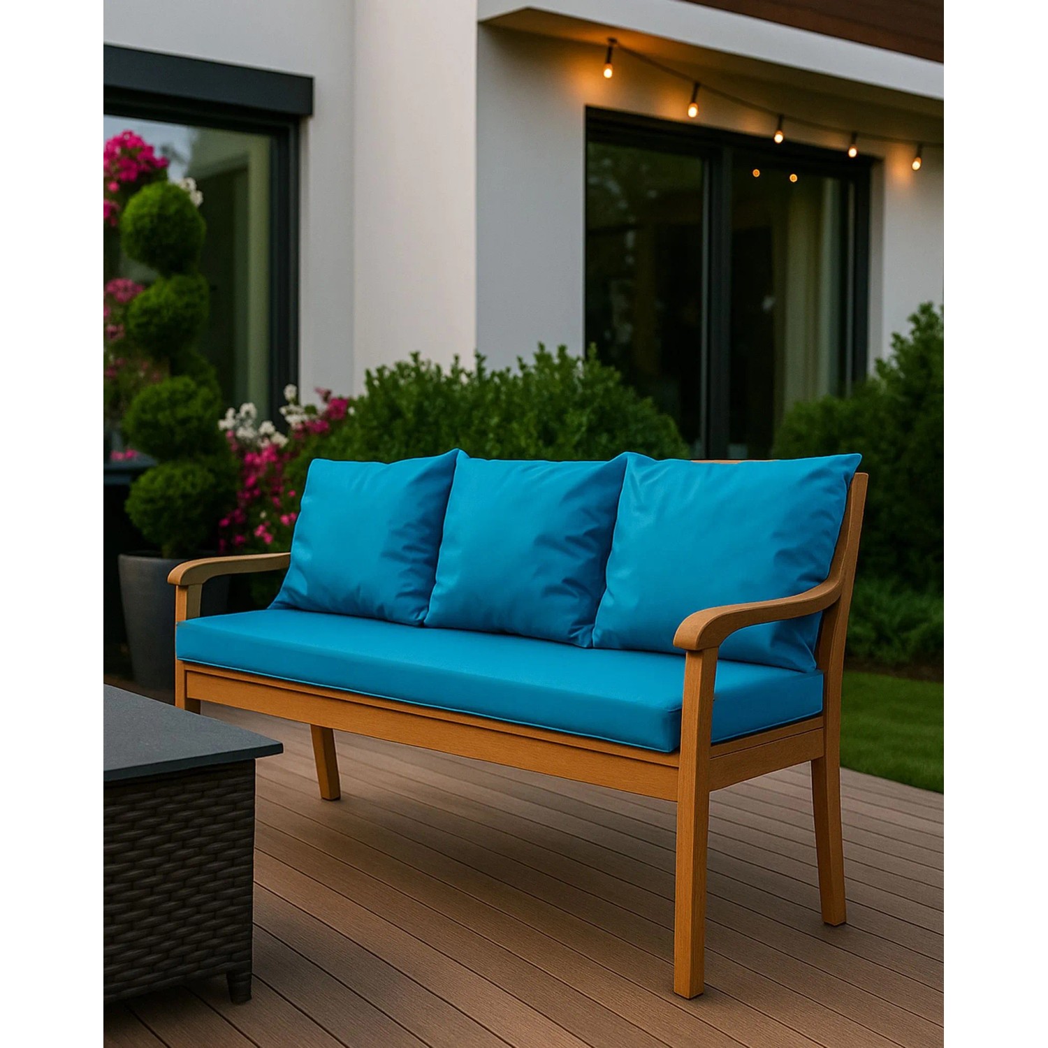Blaues Setgarden Bankkissen-Set für 2-Sitzer Gartenbank, bestehend aus Sitz- und Rückenkissen.