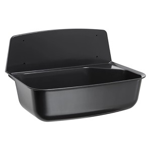 Schwarzes Sanicomfort Ausgussbecken aus Kunststoff mit Ablaufgarnitur.