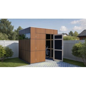 Modernes Bertilo Gartenhaus HPL Italian Walnut mit geöffneter Tür und Fahrrad im Inneren.