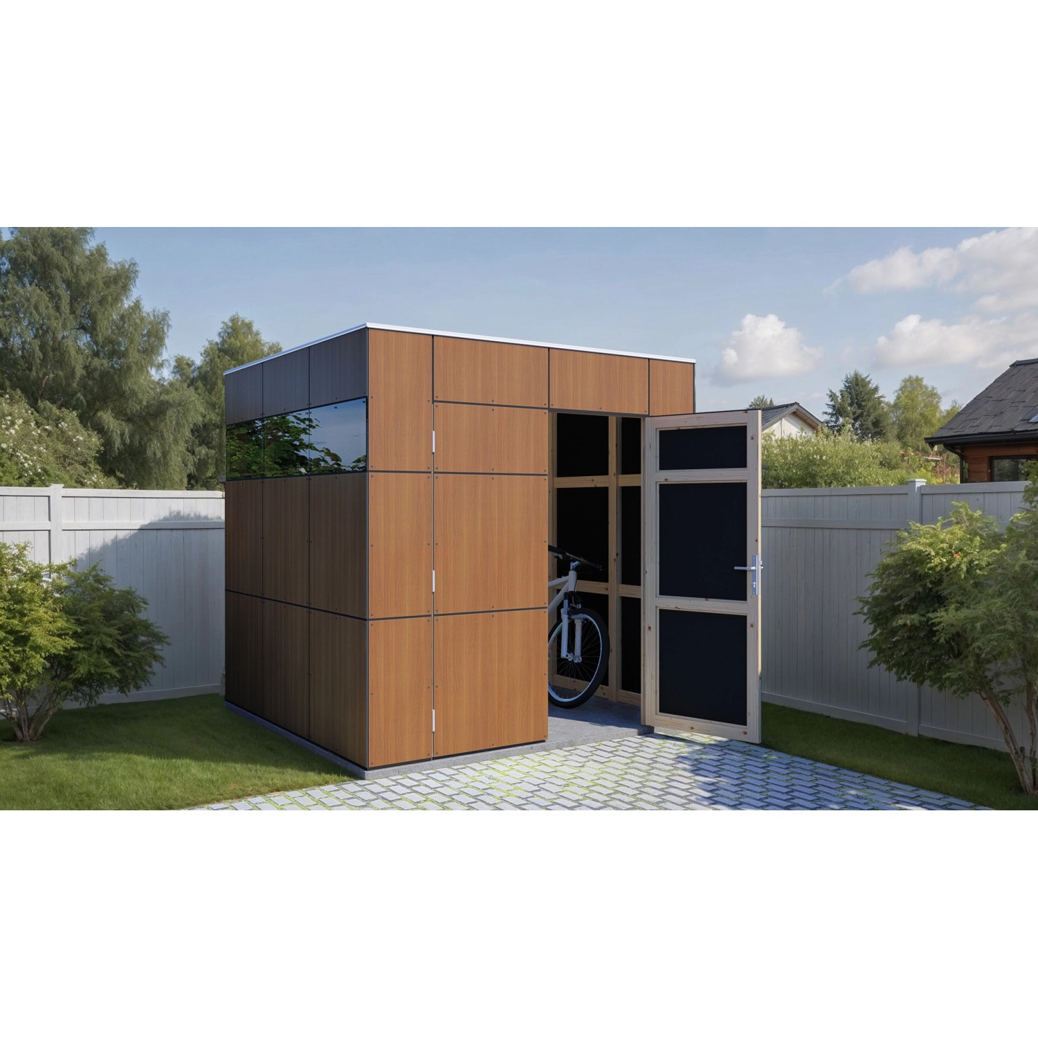 Modernes Bertilo Gartenhaus HPL Italian Walnut mit geöffneter Tür und Fahrrad im Inneren.