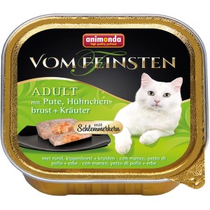 Vom Feinsten Katzen-Nassfutter Adult mit Pute, Hühnchen & Kräutern im Napf.