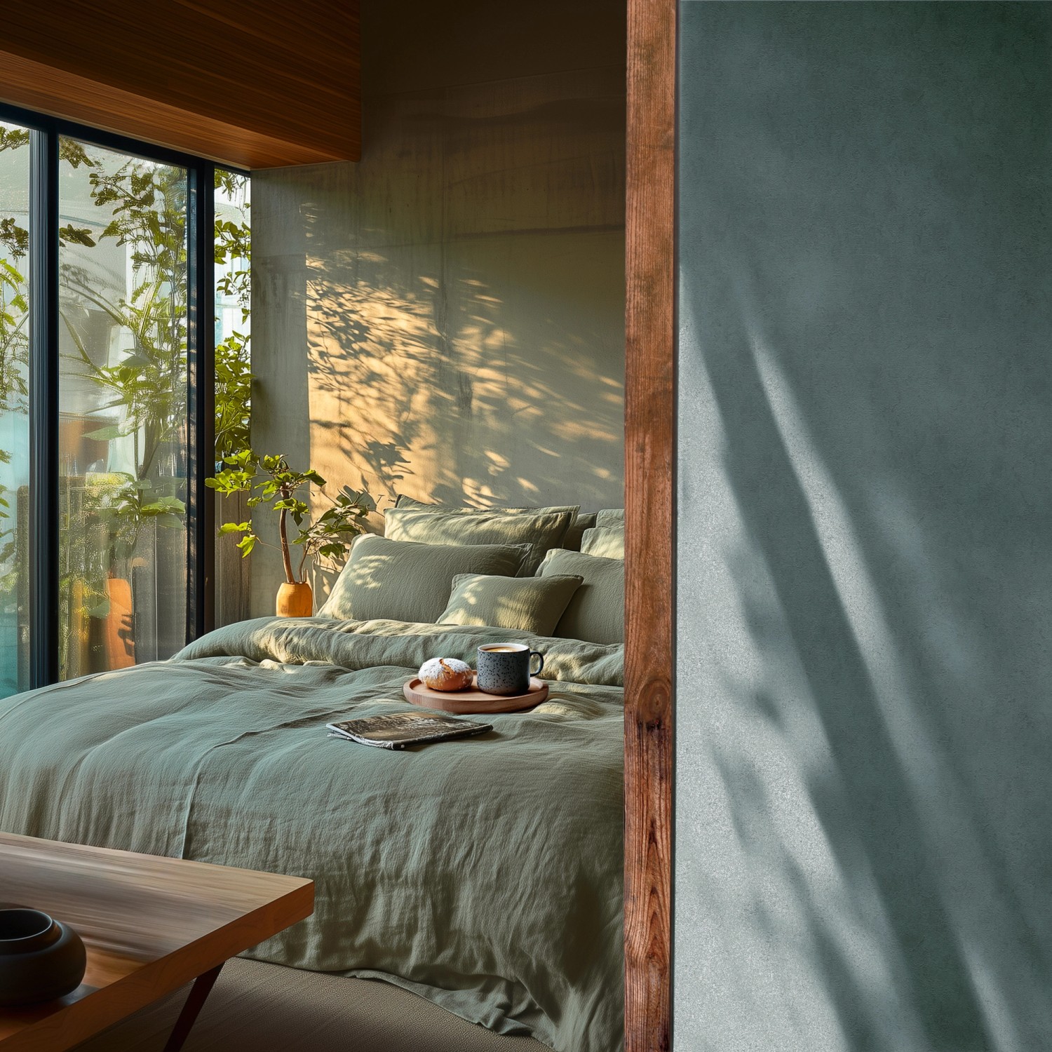 A.S. Creation Vliestapete Uni Putzoptik in Blau-Grün im Schlafzimmer mit Bett und Fenster.