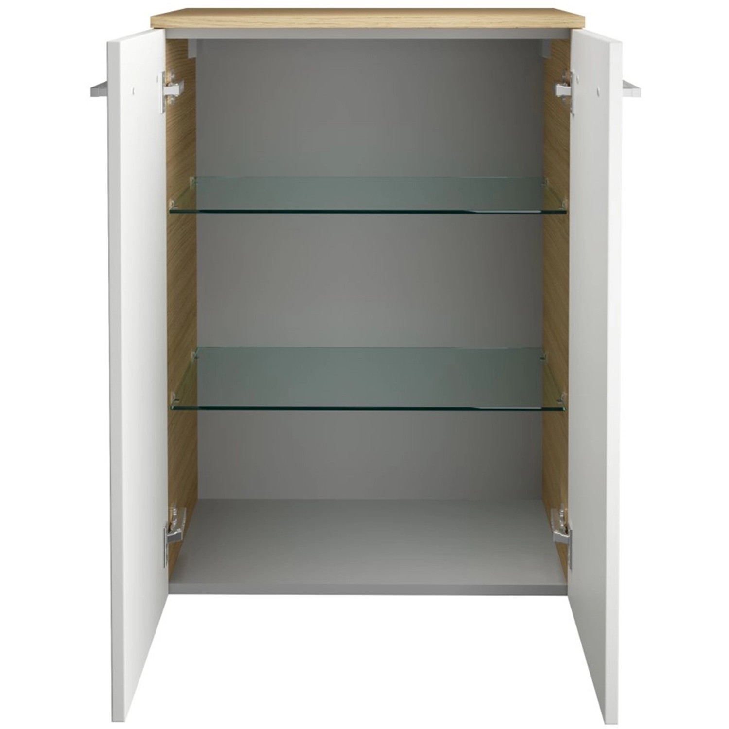 Offener Fackelmann Bad-Hängeschrank B.Style in Sandeiche mit zwei Glasböden.