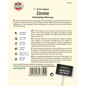 Samenpackung Sperli Zinnien Dahlienblütige Mischung, mehrfarbig. Blumensamen für farbenfrohe Blumenbeete.