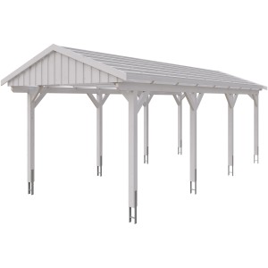 Weißer Skan Holz Carport Fichtelberg mit Dachlattung, stabile Holzkonstruktion.