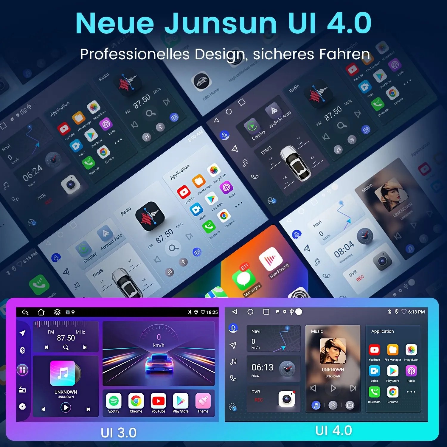 Junsun 7 Zoll Autoradio UI 4.0 mit Navigation, Radio, Musik und App-Icons. Modernes, professionelles Design für sicheres Fahren.
