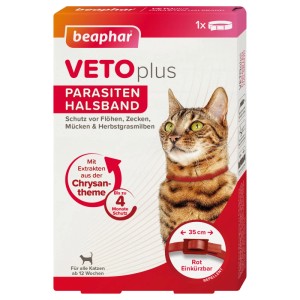 Beaphar Vetoplus Parasitenhalsband für Katzen, rot, bis 35cm, Schutz vor Zecken, Flöhen und Mücken.