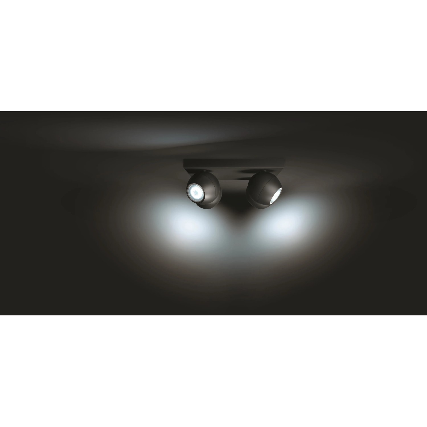 Schwarzer Philips Hue LED-Spot mit 4 Leuchten (Buckram). Inkl. Dimmer für warmweißes bis kaltweißes Licht.