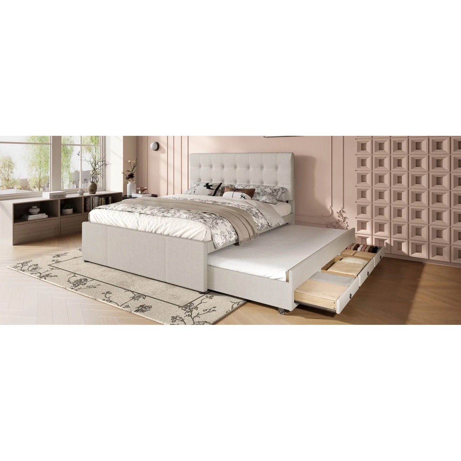 okwish Polsterbett 140x200cm mit Schubladen Schlafzimmer Beige ohne Matratze_9