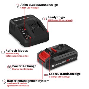 Einhell Power-X-Change Starter Kit: 18V 2,5Ah Akku und Ladegerät mit LED-Anzeigen, Refresh-Modus, 50 Min. Ladezeit.