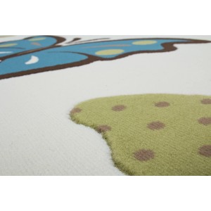 Kinderteppich Fargo mit Schmetterling und Blumen in Elfenbein und Türkis, 80x150 cm.