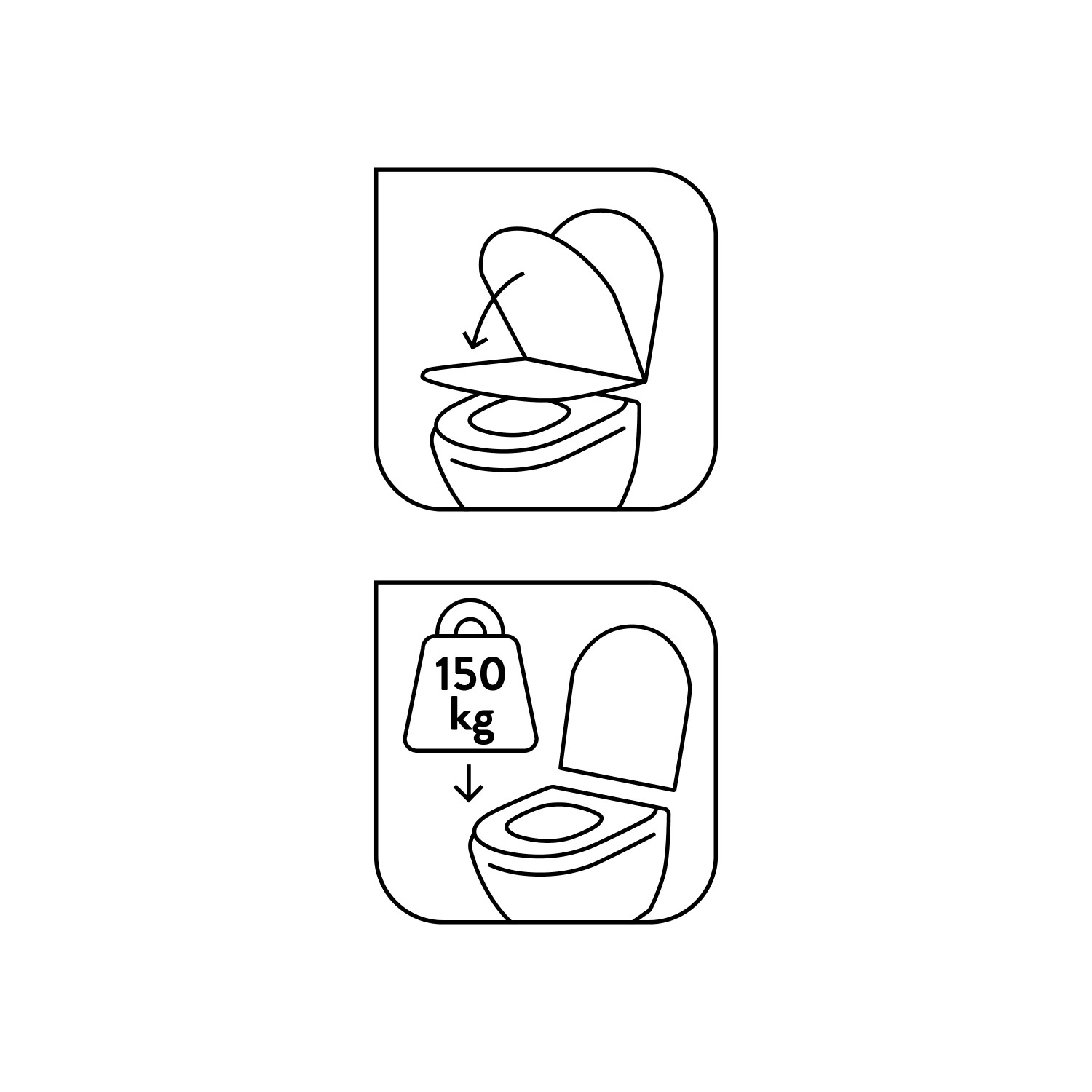Piktogramme: WC-Sitz mit Absenkautomatik und Belastbarkeit bis 150 kg.