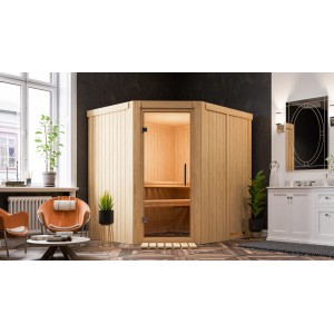 Karibu Sauna Natur aus Holz mit Glastür, Bänken und Ofenschutzgitter im modernen Design.