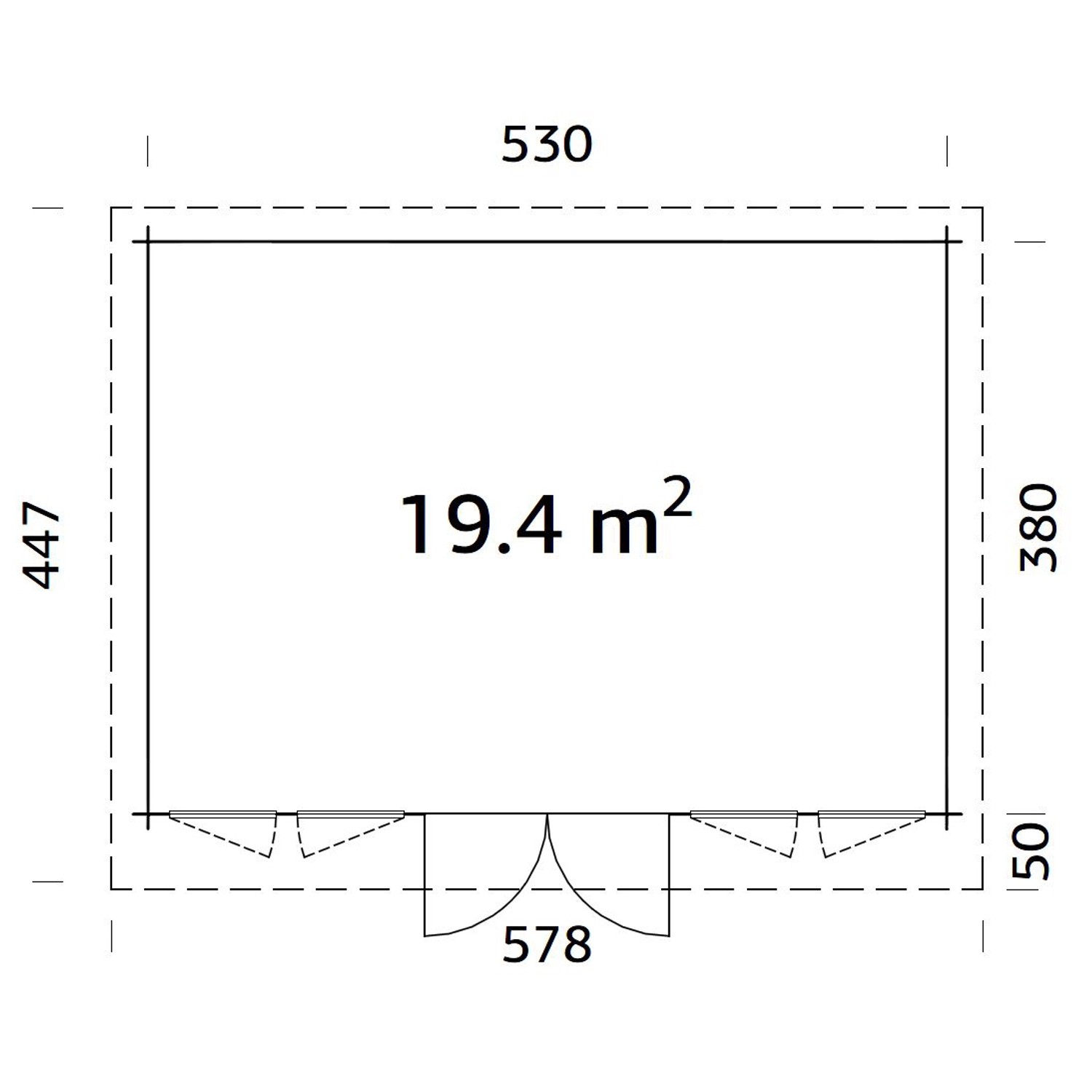 Grundriss Palmako Gartenhaus Lisa, 530x380 cm, grau-weiß, 19,4 m² Fläche.